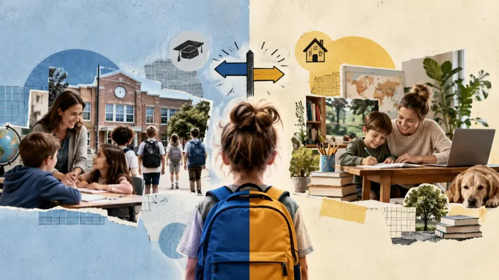 Split image contrasting a traditional school classroom with a home learning space, illustrating full-time versus hybrid homeschooling