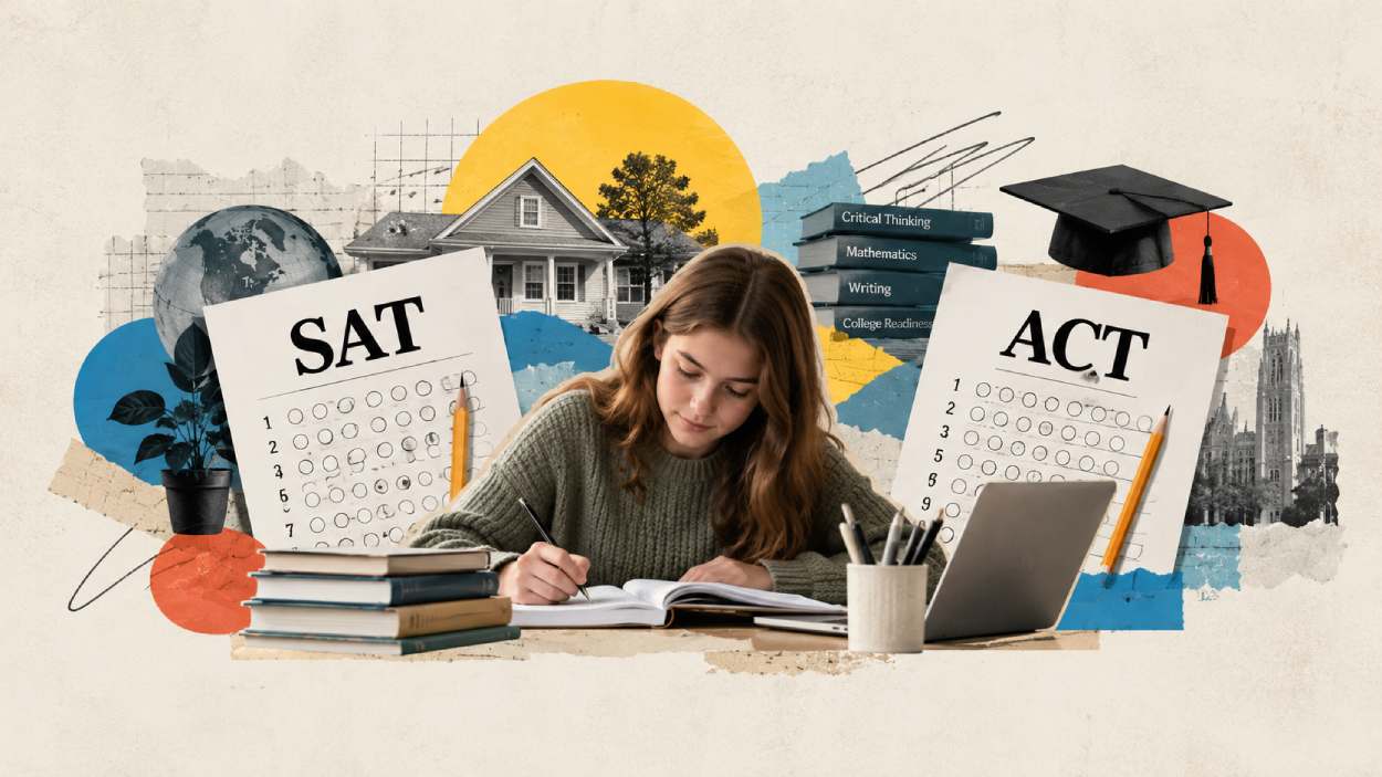Homeschooled teen studying at a desk with SAT and ACT answer sheets, textbooks, and a laptop