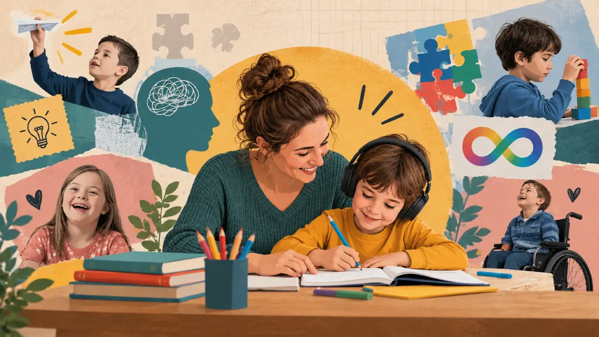 Parent helping a child wearing headphones write in a workbook, surrounded by images of children with diverse learning needs